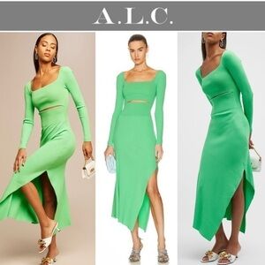 A.L.C Knit Ribbed Long Sleeve Asymmetrical Dress in Green XS 595$ NWT